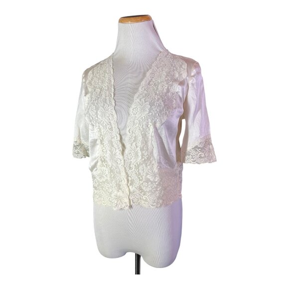 Vintage Express XS Open-Front Silk Jacket Lace Trim Elbow Sleeves White - Picture 1 of 12